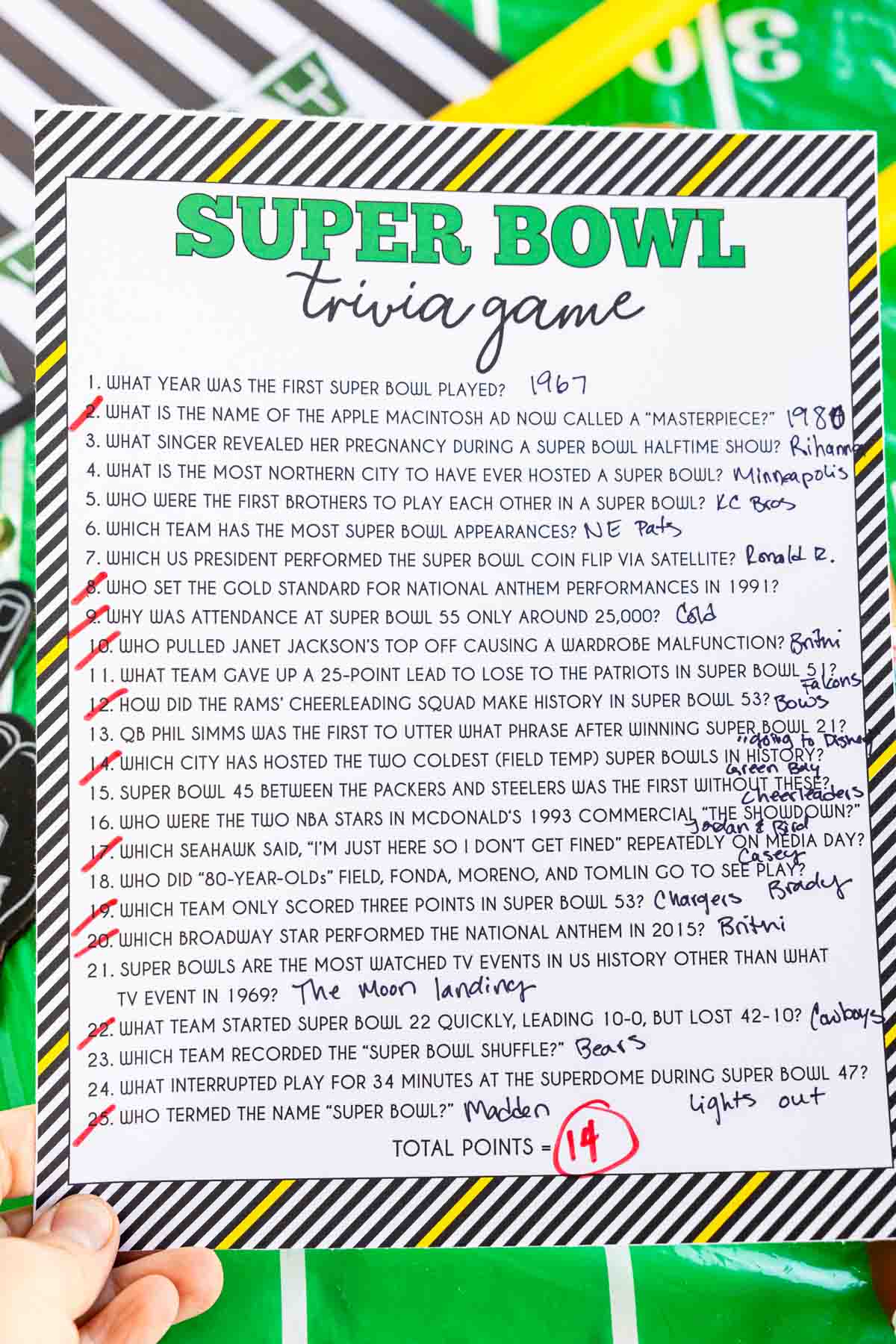50 super bowl trivia questions & printable game - play party plan